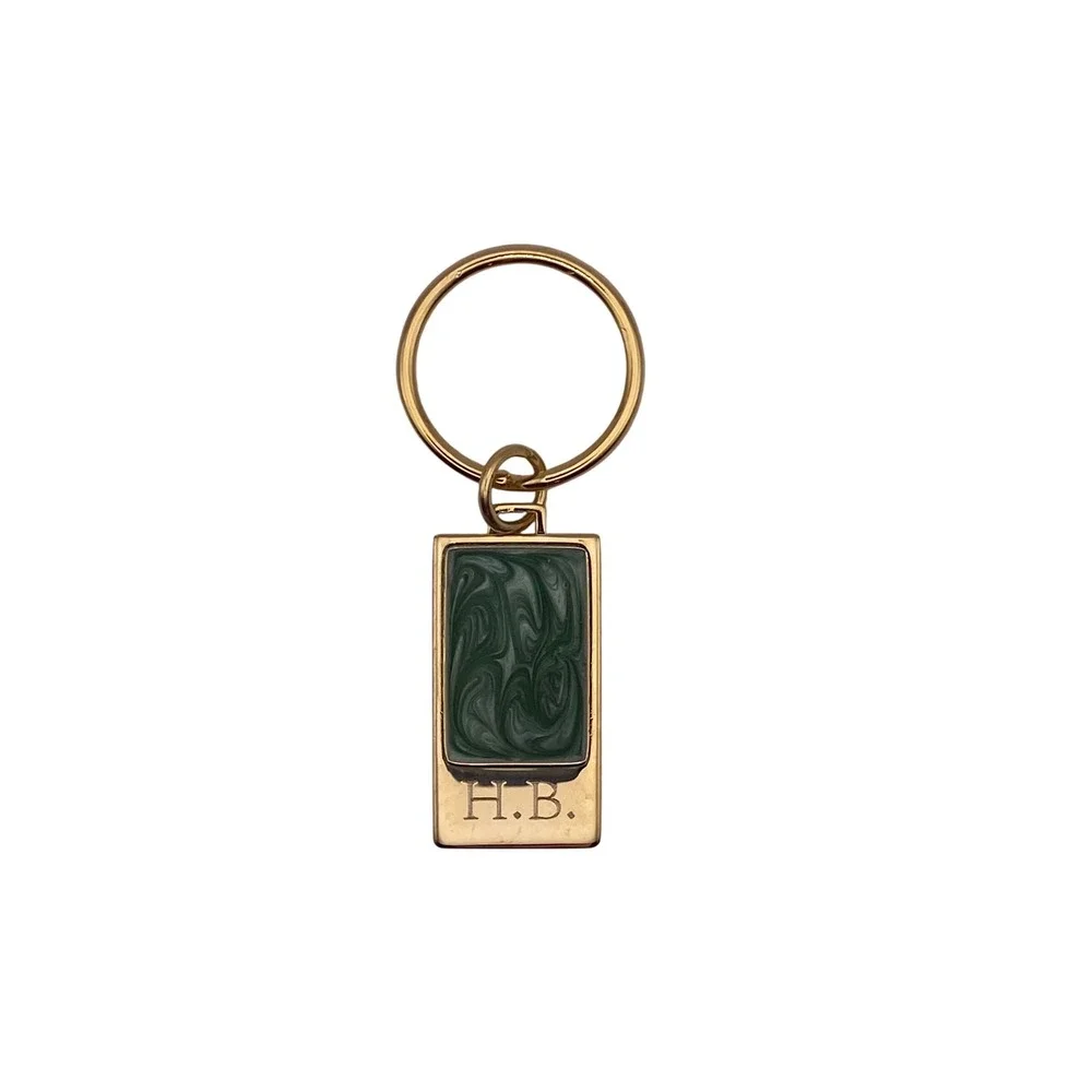 Vintage Gold Tone Green Enamel Monogram H.B. Rectangular Keychain Key Fob Ring